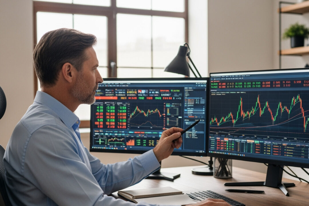 Investor analyzing stock market data and quantitative research graphs
