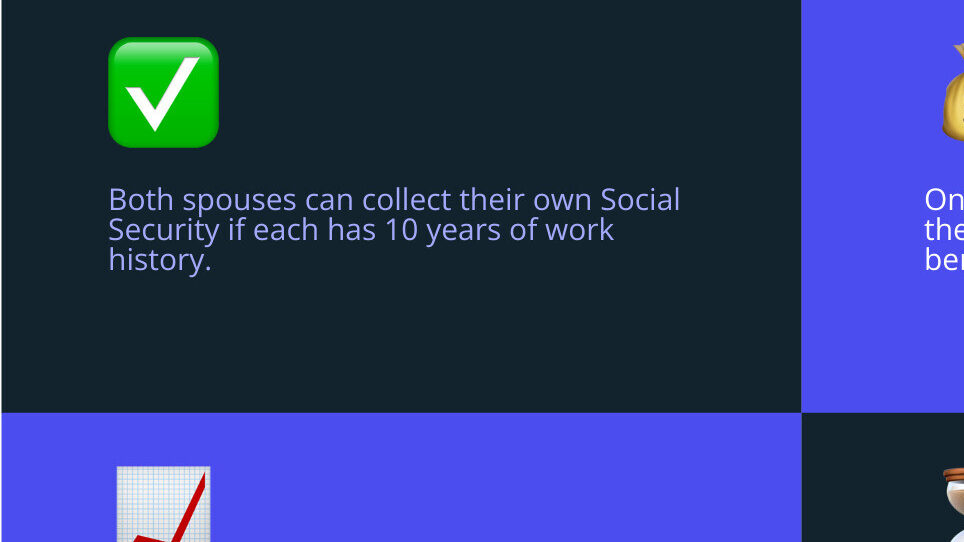 Infographic showing Social Security basics for married couples: dual eligibility, spousal benefit 50% rule, survivor benefit